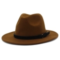 Detail of caramel wool fedora with wide flat brim and black leather buckle band - One Size / Coffee