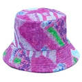 Detail view of colorful tie-dye bucket hat showing abstract pattern and neat stitch lines - Purple
