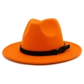Detail of a bright orange wool fedora hat featuring a black band and gold metal buckle - One Size / Orange