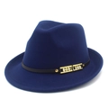 Detailed macro view of dark blue fedora hat with rhinestone buckle and black leather band - One Size / Dark Blue