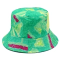 Detailed view of reversible bucket hat with colorful abstract watercolor dye patterns - Green