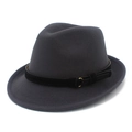 Detailed macro view of dark grey wool fedora hat with a black matte band and gold buckle - Dark Gray