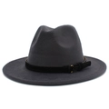 Detail of dark grey wool fedora hat featuring a black leather band with a gold metal buckle - One Size / Dark Gray