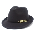 Close-up of charcoal wool fedora featuring a black leather band and crystal gold buckle - One Size / Dark Gray