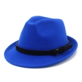 Royal blue wool fedora hat with elegant black decorative leather band and buckle - Sapphire Blue
