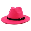 Detail of rose pink fedora hat featuring black leather band and gold buckle - One Size / Rose Red