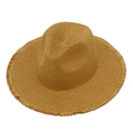 Handwoven straw Panama hat with fringed edges and classic flat top for sun protection - Brown