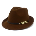 Detail of dark brown wool fedora hat featuring a black leather band with a rhinestone buckle - One Size / Coffee