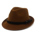 Close-up of deep brown wool fedora hat featuring a thin black band and gold buckle detail - Coffee