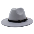 Detail of light gray wool felt fedora with black suede band and golden metal buckle - One Size / Gray
