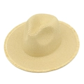 Close-up of lightweight raffia sun hat with raw frayed edges and fedora style crown - Khaki