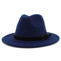 Detail of navy wool fedora hat featuring black leather band and gold metal buckle - One Size / Dark Blue