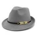 Classic grey wool fedora hat with a black band featuring gold rhinestone buckles - One Size / Gray