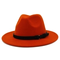 Detail view of orange wool fedora hat with black band and gold buckle accent - One Size / Dark Orange