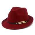 Classic wine red wool fedora hat with black leather band and gold rhinestone buckles - One Size / Burgundy