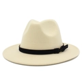 Detailed texture of beige wool fedora hat with a black leather band and gold buckle - One Size / Beige