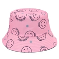 Detail van roze vissershoed met smiley-print en de tekst HAPPY EVERY DAY erop - Roze
