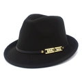 Detail of classic black wool fedora featuring a slim band with sparkling crystal metal buckle - One Size / Black