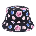 Close-up of pink and blue floral print on black canvas sun hat showing detail - One Size / Black