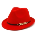 Detail view of red wool felt fedora featuring black leather band and gold rhinestone buckles - One Size / Red