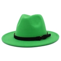 Detail of green wool fedora hat with black matte band and gold metallic buckle - One Size / Grass Green