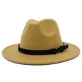 Close-up of fedora hat with black matte band and gold buckle on camel wool felt fabric - One Size / Khaki