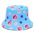 Detailed view of blue bucket hat featuring pink floral patterns and high-quality sun protection - One Size / Blue