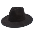 Detail eines handgewebten schwarzen Fedora-Hutes mit atmungsaktivem Strickmuster und Band - Einheitsgröße / Schwarz
