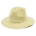 Detail eines handgewebten atmungsaktiven Sonnenhuts mit Hohlmusterschmuckband und breiter Krempe - Einheitsgröße / Khaki