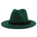 Detail of dark green wool felt fedora with a black decorative band and golden buckle - One Size / Dark Green