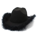 Western black felt cowboy hat with fluffy feather brim decoration on white background - Black