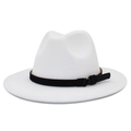 Classic white wool felt fedora hat with black decorative band and gold metal buckle - One Size / White