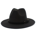 Detail of black wool fedora hat featuring a matte band and gold metallic buckle - One Size / Black