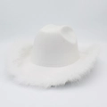 Classic white cowboy hat with fluffy feather trim and a structured flat wide brim - White