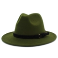 Detail of olive green fedora hat featuring a black leather band and gold metal buckle - One Size / Army Green