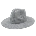 Detailed view of grey hand-woven breathable sun hat with hollow decorative pattern band - One Size / Gray
