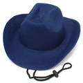 Detail of dark blue woven straw cowboy hat featuring adjustable black windproof chin strap - One Size / Dark Blue