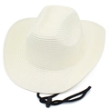 Detail of cream woven cowboy straw hat showing texture and adjustable black wind cord - One Size / White