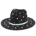 Elegant black straw fedora hat with pearls, rhinestones and iridescent sequins for women - One Size / Black