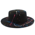 Artistic black boater straw hat with vibrant colorful paint splatter for beach sun protection - Black