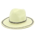 Panama straw sun hat with decorative pearl bands and wide brim for summer beach vacation - Beige