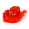 Sombrero de vaquero rojo para novia con ribete de plumas y letras de strass brillantes - Talla única / Rojo