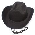 Detail of black woven cowboy hat showing adjustable windproof rope and straw texture - One Size / Black
