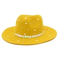 Yellow straw fedora with white pearls, rhinestones and iridescent sequin band for summer - One Size / Yellow
