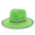 Neon green straw sun hat with pearls and metal studs trim for outdoor summer beach travel - Green