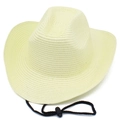 Close-up of beige straw cowboy hat weave texture with adjustable black chin cord - One Size / Beige