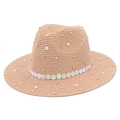 British style straw sun hat for women with pearls, rhinestones and iridescent sequins - One Size / Pink
