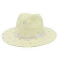British style straw sun hat for women with elegant pearls and sparkling rhinestones - One Size / Beige