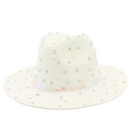 Detail of elegant straw hat featuring pearl, rhinestone, and iridescent sequin embellishments - One Size / White