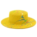 Fashionable straw panama hat with colorful paint splatter design for summer beach - Yellow